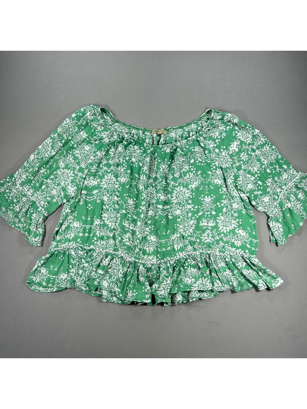 Democracy Boho Green Blouse w/ White Crochet Trim & Blouson Sleeves XL